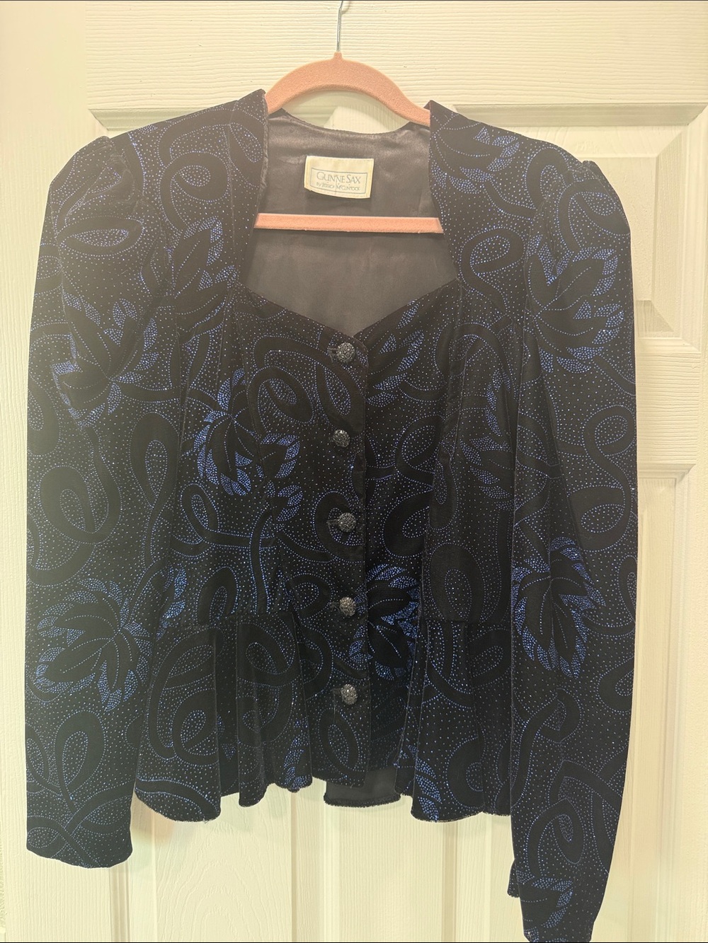 S Gunne Sax Jessica McClintock Black Velvet Jacket with Blue Floral Pattern